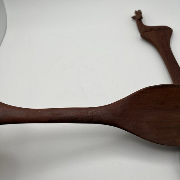 Vintage MCM Wooden Hand Carved Serving Salad Utensils African Lion Gazelle - Picture 6 of 9